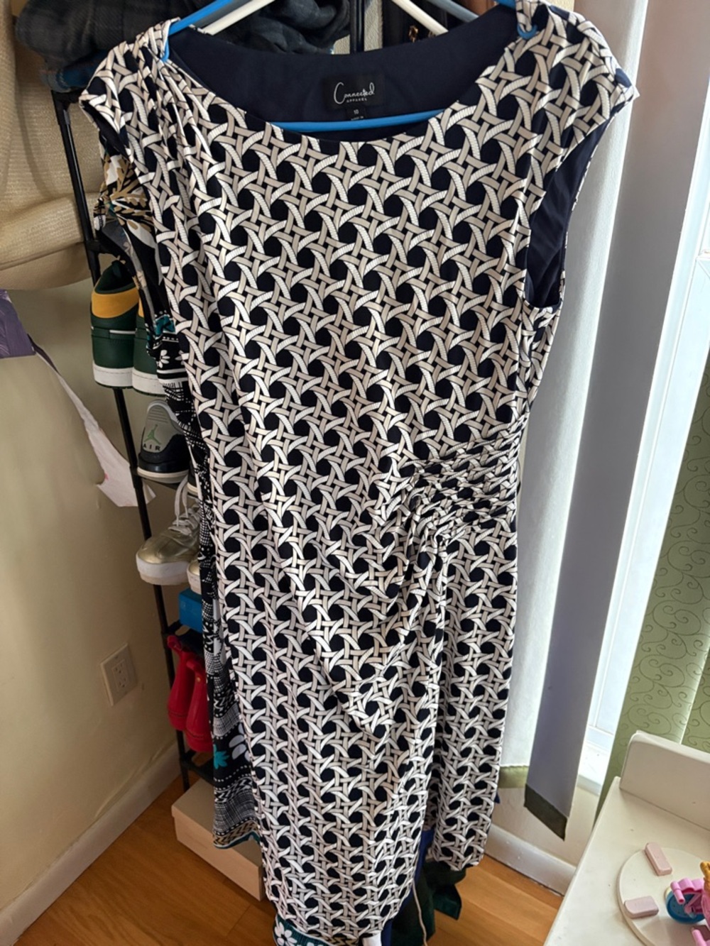Connected Apparel Navy and White Interlaced Print Sheath Dress